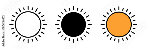 Sunny icon featuring a simple circle representing the sun with short rays radiating outward. Designed in a clean line-art style for weather apps, climate indicators, and UI elements.