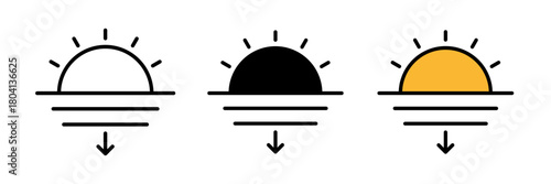 Sunset icon icon showing a half-circle sun descending behind a flat horizon with simple rays extending upward. Designed in a clean line-art style for weather, nature, travel, and UI elements.