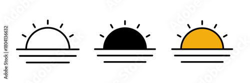 Sunrise icon showing a half-circle sun rising above a flat horizon with simple rays extending upward. Designed in a clean line-art style for weather, nature, travel, and UI elements.