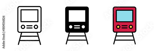 Train icon with a rounded body, two windows, headlight dots, and minimal rail tracks below. Designed in a clean line-art style for maps, transport apps, schedules, and UI graphics.