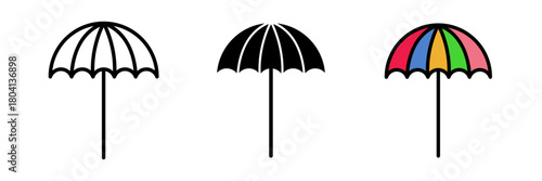 Umbrella icon with a curved canopy and a straight handle, designed in a minimal, line-art style suitable for weather apps, travel graphics, safety alerts, and UI elements.