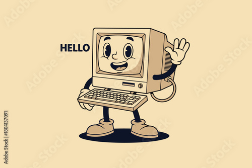 Retro Computer Character Waving Hello with a Friendly Face.