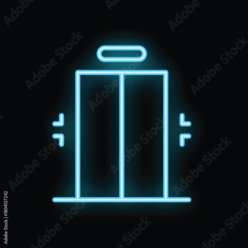 Blue neon elevator sign with up and down arrows glowing on black background