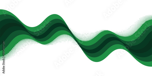 Abstract green wavy lines with halftone dots on a white background forming a dynamic composition