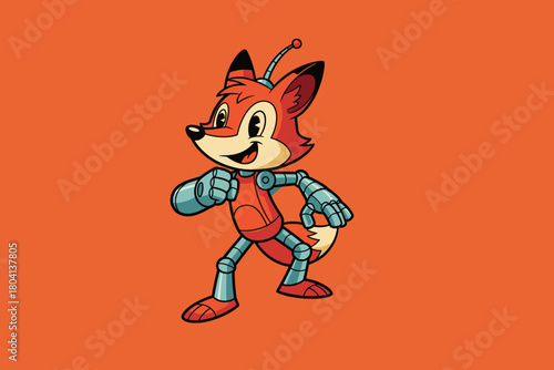 Cute Robot Fox Character with Mechanical Limbs and Antenna.