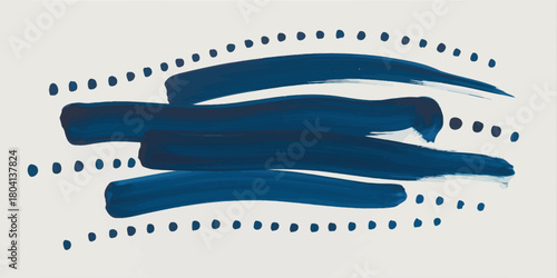 Abstract art featuring blue brush strokes and dotted lines on a white background in a simple style