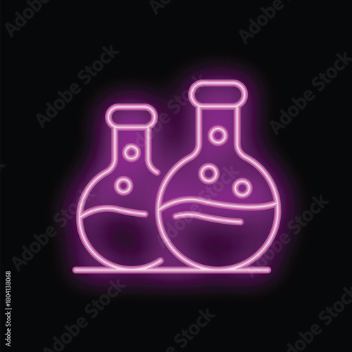Neon sign depicting two erlenmeyer flasks, each with a bubbling liquid inside, set against a dark background
