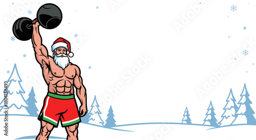 Santa Claus lifting weights in winter landscape, showcasing fitness and strength