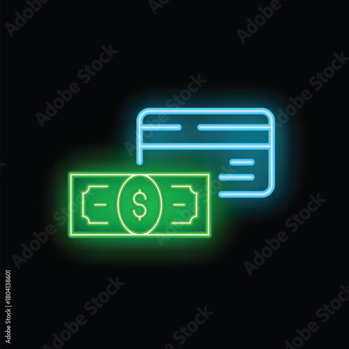 Glowing neon icon of a credit card making a digital transaction with a dollar bill
