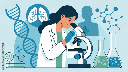 Woman in lab coat using microscope with dna and molecule visuals