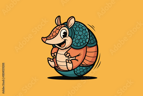 Cute Cartoon Armadillo Character Rolling in Ball Shape.