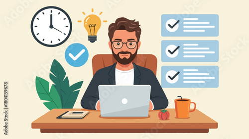 Man working on laptop with clock lightbulb and checklist behind him