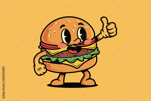 Cartoon burger character giving a thumbs up gesture with happy e