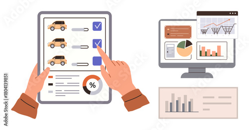 Hands reviewing car purchase options on a checklist sheet, accompanied by computer screen showing data charts. Ideal for e-commerce, decision-making, analytics, statistics, market research