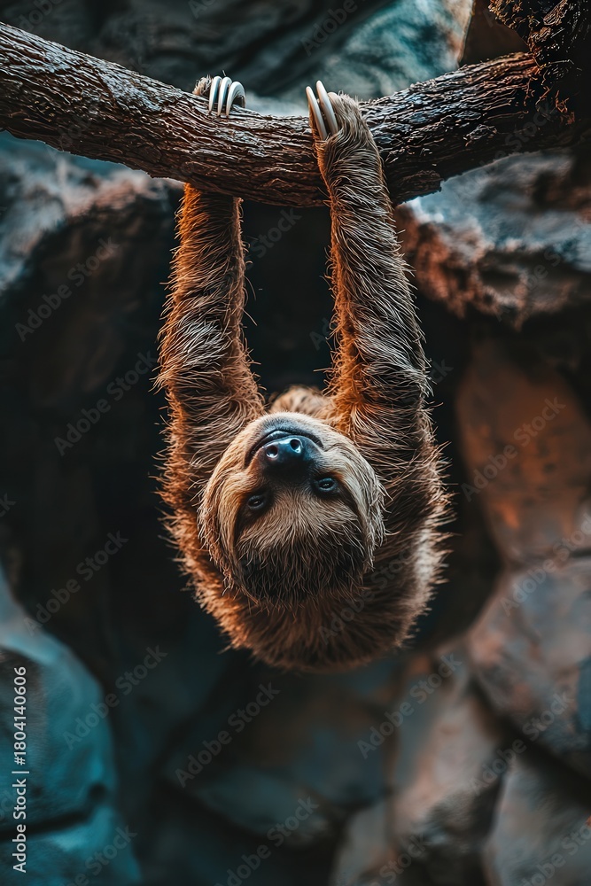 Obraz premium A sloth hanging upside down from a tree branch, completely relaxed