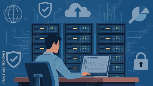 Man working on laptop in front of server racks with data icons