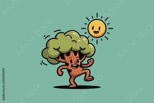 Happy tree character dancing joyfully under the warm sunshine on