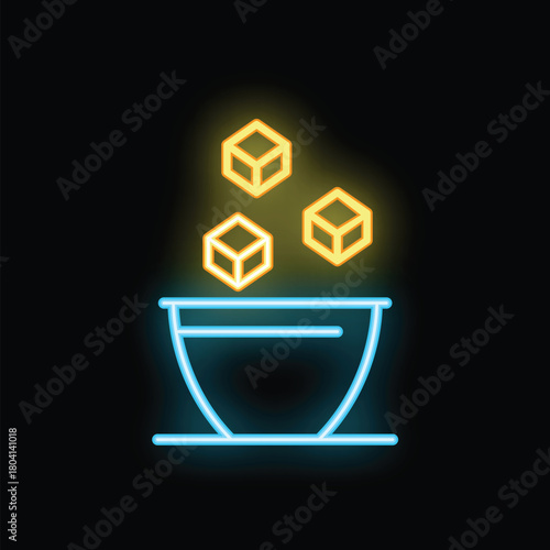 Neon sign illustration of sugar cubes falling into a bowl, representing the concept of adding sugar to a drink