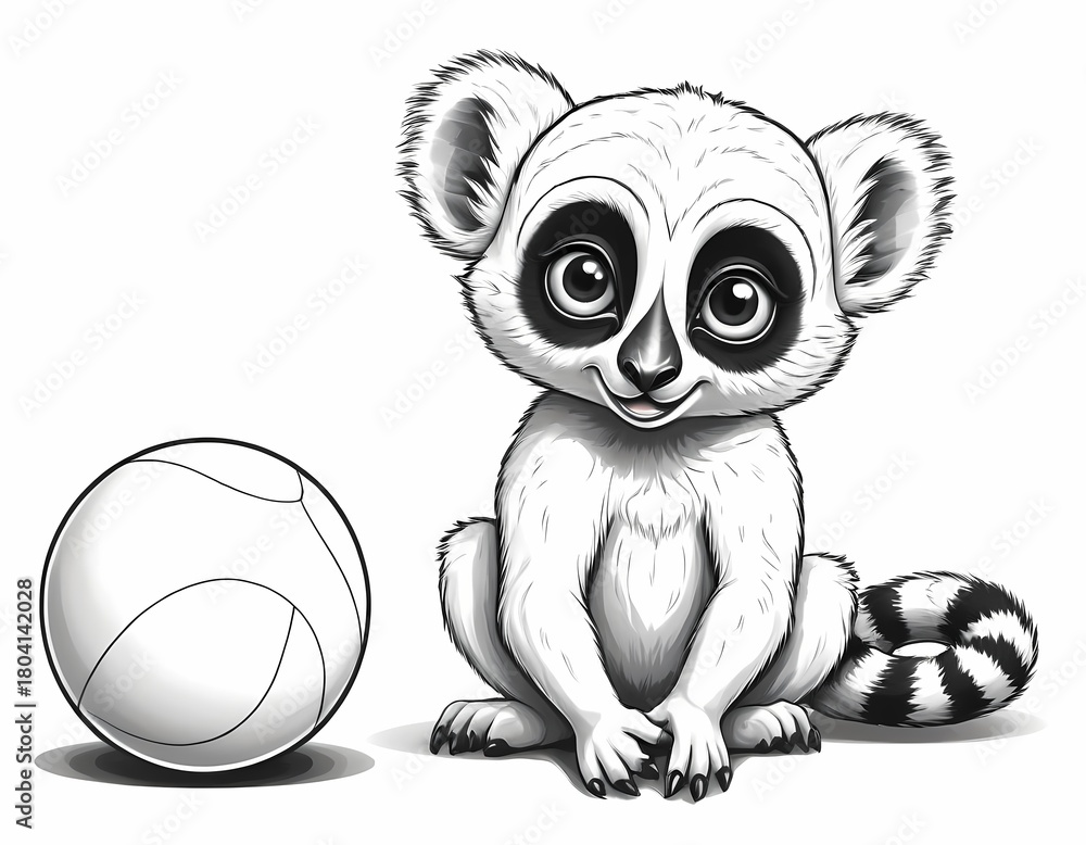 Naklejka premium Cute lemur playing with a ball, simple black and white preschool coloring page