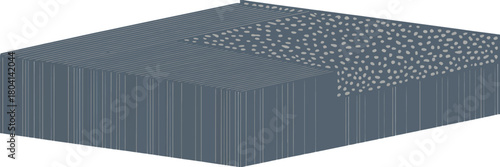 A grey rectangular block with vertical lines and a textured top surface in a digital rendering style