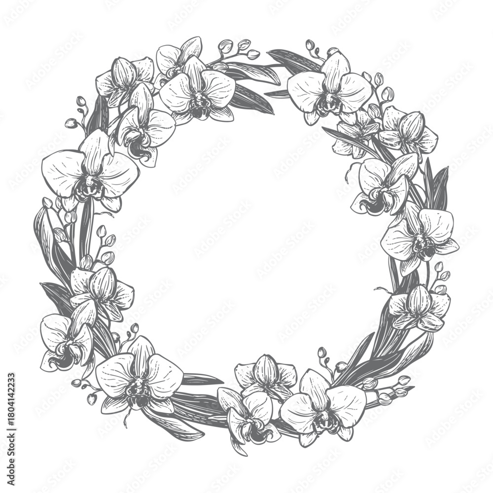 Fototapeta premium Vector orchid. A wreath of phalaenopsis flowers, leaves, and buds. Black ink drawing imitating an engraving. Line drawing of an exotic flower. A round frame of tropical plants.