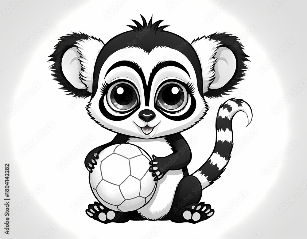 Obraz premium Cute lemur playing with a ball, simple black and white preschool coloring page