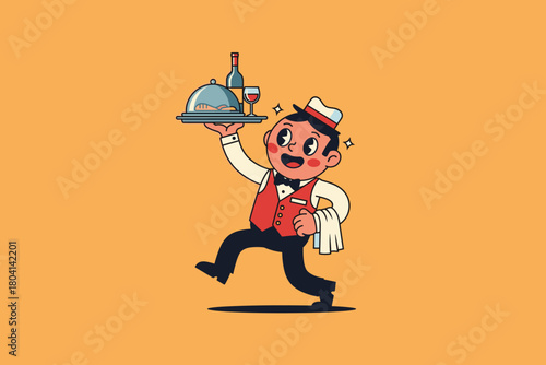 Cartoon Waiter Carrying Food and Drinks on a Tray.