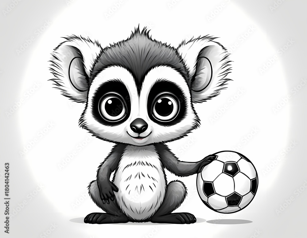 Naklejka premium Cute lemur playing with a ball, simple black and white preschool coloring page