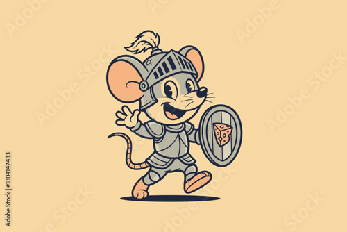 Cute cartoon mouse knight in armor holding a cheese shield.