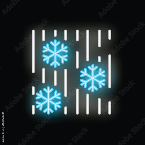 Blue neon snowflakes are falling down on a black background with white stripes