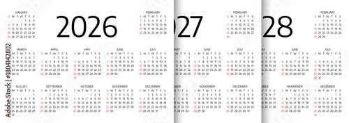 2026  2027 2028 calendars. Calender templates. Planner layout with 12 months. Week starts Sunday. Desk planer grid for year. Yearly diary in English. Vector illustration. Paper size A4