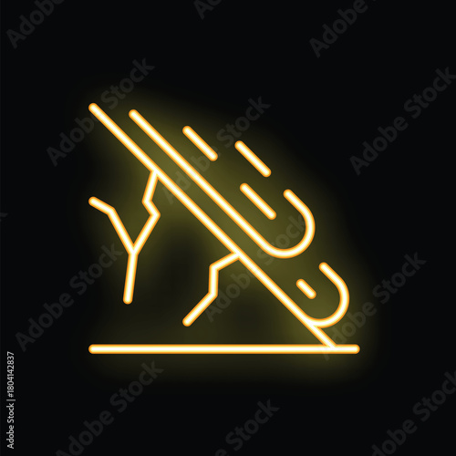 Yellow glowing neon icon of landslide falling rocks, a concept of natural disaster