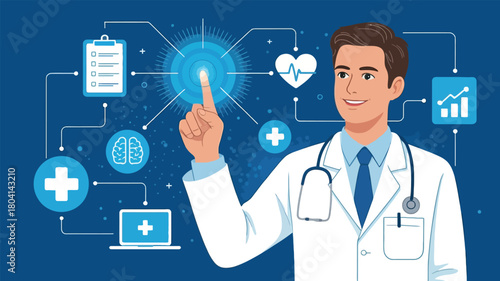 Doctor interacting with digital medical interface illustration