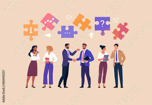 Business Discussion concept. Contemporary flat style abstract vector illustration of a group of diverse people standing and talking to each other with puzzle pieces above their heads.