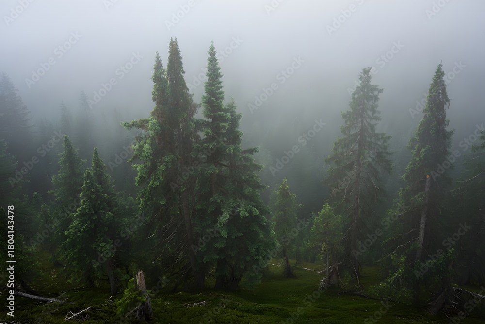 Obraz premium Misty forest landscape with tall trees and dense fog creating an atmospheric scene outdoors