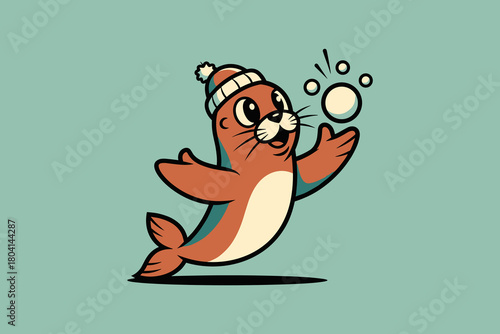 Cute cartoon seal playing with a snowball wearing a winter hat.