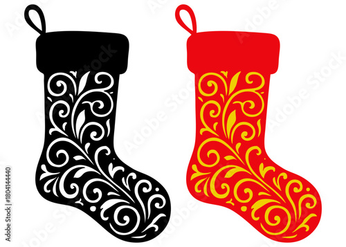 Tiempo de Navidad. Logo con calcetín de Santa Claus con líneas y volutas para tarjetas y felicitaciones de Navidad