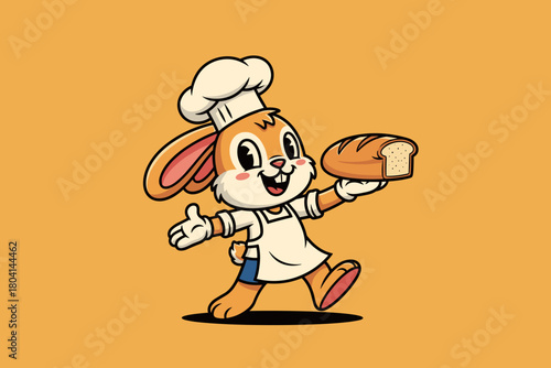 Cute cartoon bunny baker holding fresh bread loaf.