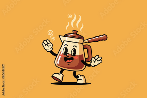 Retro Coffee Pot Character Dancing with Steam.