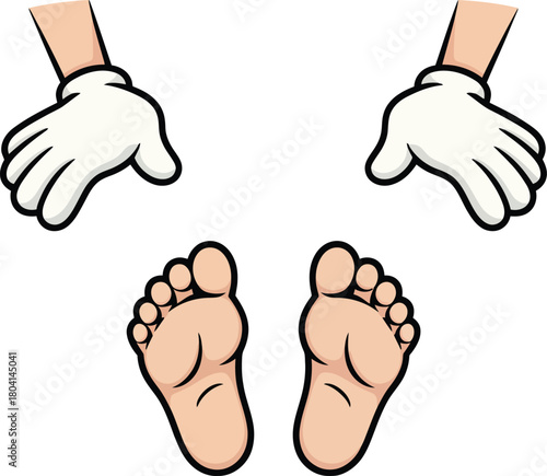 Cartoon image showing two feet and two gloved hands on white back