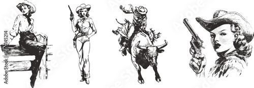 Black vintage sketch western set with pistol cowgirl, bull rider, and confident standing woman. Classic wild west vector. American rodeo and cowboy illustration.