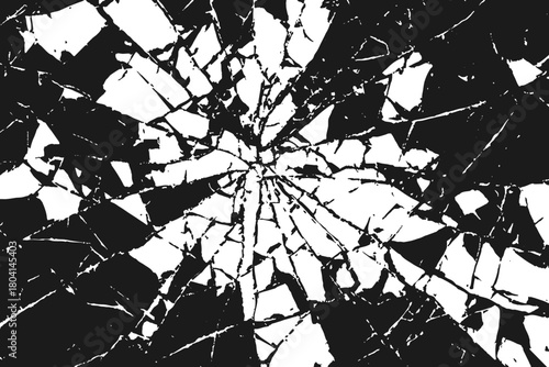 Vector shattered glass texture showing bullet hole and radial break effect. High contrast black abstract pattern with sharp realistic fragments and cracks.