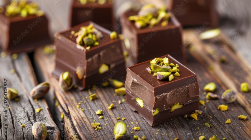 Obraz premium Chocolate squares topped with crushed pistachios on a rustic wooden surface. The scene highlights gourmet dessert presentation.