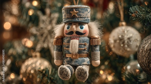 A detailed Nutcracker soldier in military uniform hangs on a Christmas tree surrounded by sparkling holiday decorations. Christmas New Year's background