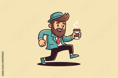 Man in Suit and Hat Holding Coffee Cup Running.