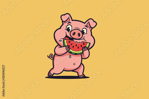 Cute cartoon pig happily eating a slice of watermelon.