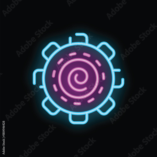 Neon icon of virus showing spiral rna structure glowing on dark background