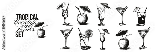 Vintage cocktail drink doodle hand drawn glass set. Elegant tropical beverages in coconut and martini glasses for summer party, bar, restaurant design projects.