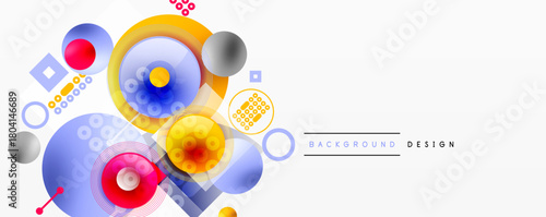 Abstract geometric shapes overlap, creating vibrant colorful design. Circles, squares, dots form dynamic composition. Modern aesthetic.