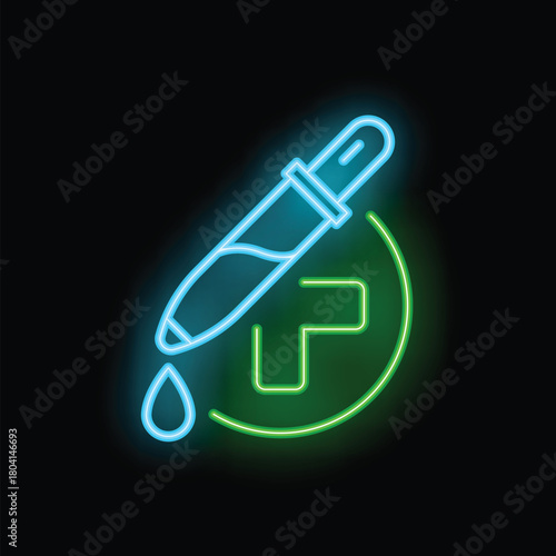 Glowing neon icon of a pipette dropping liquid on a pharmacy sign with green cross, isolated on black background